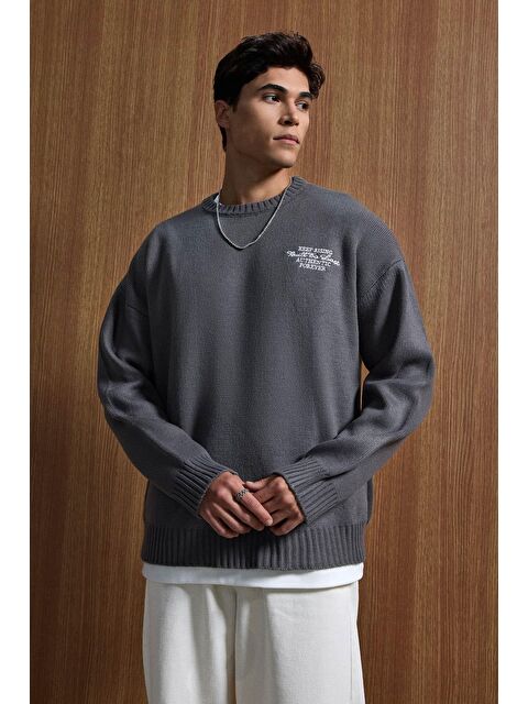 Abluka Online Erkek Oversize Essential Örme Kazak %100 Pamuk Gri - S000495431-20600