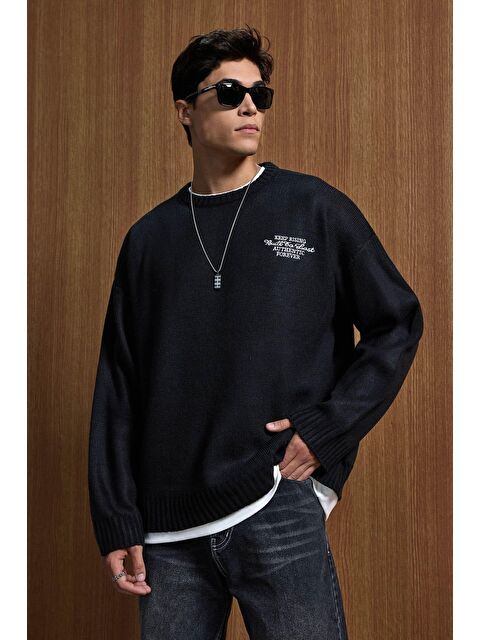 Abluka Online Erkek Oversize Essential Örme Kazak %100 Pamuk Siyah - S000495431-19351