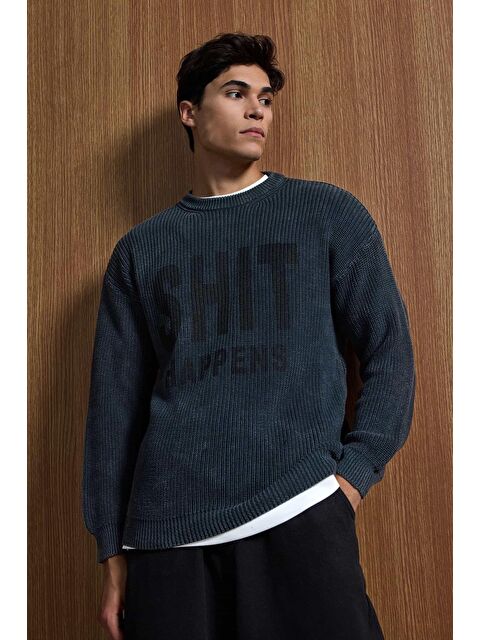 Abluka Online Erkek Relaxed Fit Yıkamalı Örme Kazak %100 Pamuk Siyah - S000493693-19351