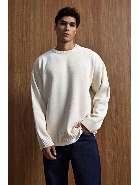 Abluka Online Erkek Oversize Essential Örme Kazak %100 Pamuk Bej - S000495431-19928