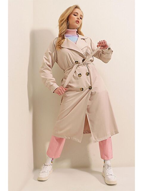 Hazelin Kadın Krem Kruvaze Yaka Kemerli Astarsız Mevsimlik Rahat Trençkot Hzl22s-bd158531 - S000045017-19966