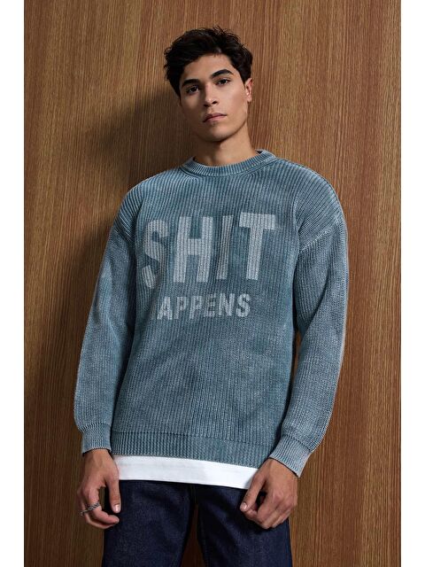 Abluka Online Erkek Relaxed Fit Yıkamalı Örme Kazak %100 Pamuk Gri - S000493693-20600