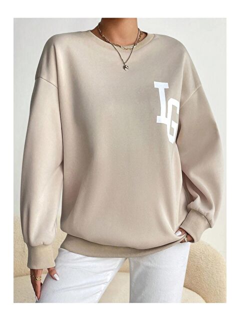Trendseninle Kadın Bej IG Baskılı Bisiklet Yaka Sweatshirt - S000107338-19928