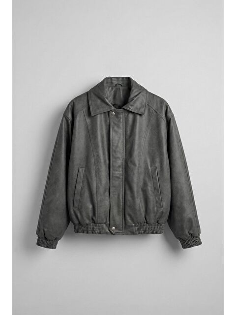 Abluka Online Erkek Oversize Fermuarlı Basic Deri Mont Gri - S000497634-20600