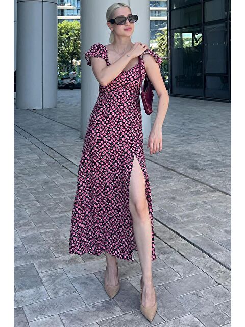 Madmext Siyah Desenli Yırtmaçlı Uzun Elbise Mg2004 - S000175633-19351