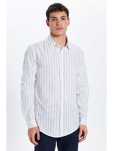 TUDORS Erkek Slim Fit Dar Kesim Uzun Kollu %100 Pamuk Keten Doku Çizgili Gömlek