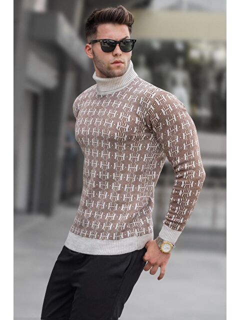 Madmext Taş Rengi Desenli Balıkçı Yaka Triko Kazak 5768 - S000015728-25636