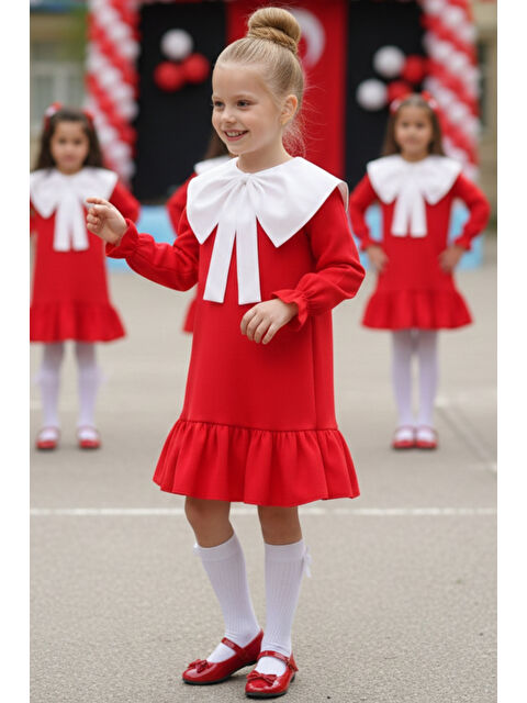 Parla Kids Kız Çocuk Rashel Kırmızı Yakalı Fırfırlı Uzun Kol Keten 23 Nisan 29 Ekim Gösteri Kıyafeti - S000468319-20045