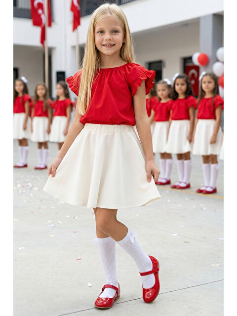 Parla Kids Kız Çocuk Kırmızı Bluz Krem Etek 23 Nisan 29 Ekim Gösteri Kıyafeti - S000465337-37328