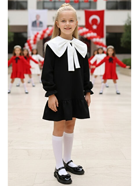 Parla Kids Kız Çocuk Rashel Siyah Elbise Beyaz Yakalı Fırfırlı Uzun Kol 23 Nisan 29 Ekim Gösteri Kıyafeti - S000468318-19351