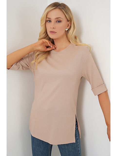 Bigdart 4332 Yanı Yırtmaçlı Örme Tişört - Bisküvi - S000090076-19928