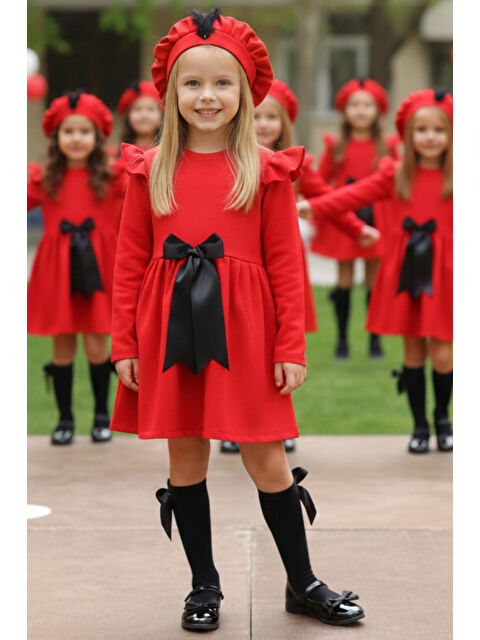 Parla Kids Kız Çocuk Kırmızı Sofia Pamuklu Fiyonk Detay Elbise Kep Abiye Takım Giyim 23 Nisan Gösteri Kıyafeti - S000466124-20045