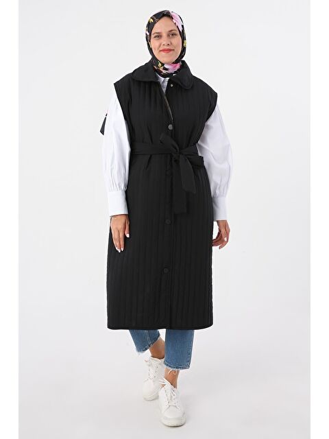 ALLDAY Siyah Oversize Çıtçıtlı Dikey Çizgi Uzun Şişme Yelek - S000081303-19351