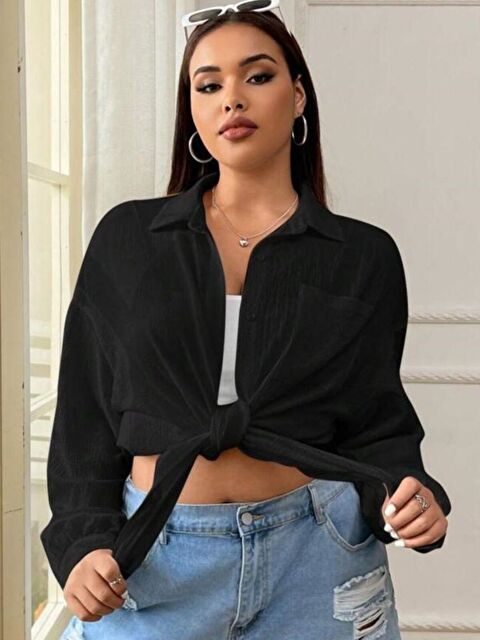 Trendseninle Kadın Siyah Tek Cepli Bürümcük Oversize Gömlek - S000361992-19351