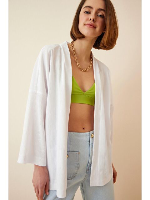 Hazelin Kadın Beyaz Önü Açık Katlı Yaka Dokulu Mevsimlik Ceket HZL22S-BD158621 - S000045012-20063