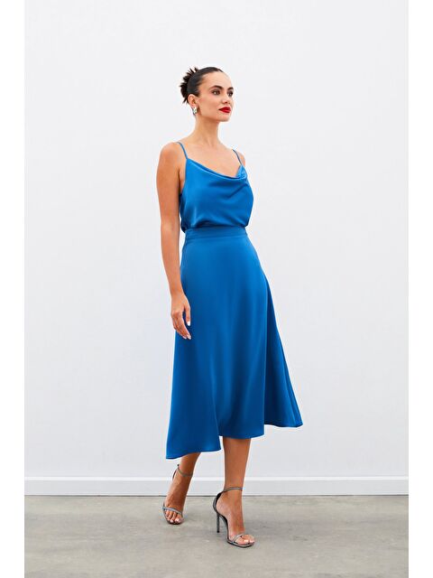 SATEEN Midi Boy Saten Etek - İndigo - S000324024-23093