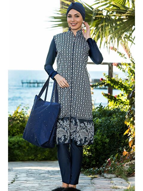 Hazelin Kadın Lacivert Tasarım Dokuma Uzun Kollu Büstiyerli Tam Tesettür Mayo HZL22S-AR15301 - S000059138-21164