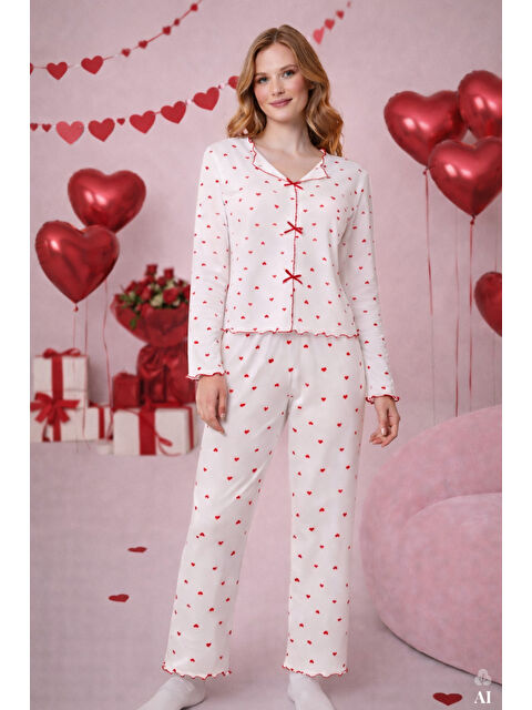 Koza İç Giyim Kadın Pamuklu Çıtır Çiçek Desenli Baby Overloklu Fiyonklu Uzun Kollu Pijama Takımı - S000266390-37325