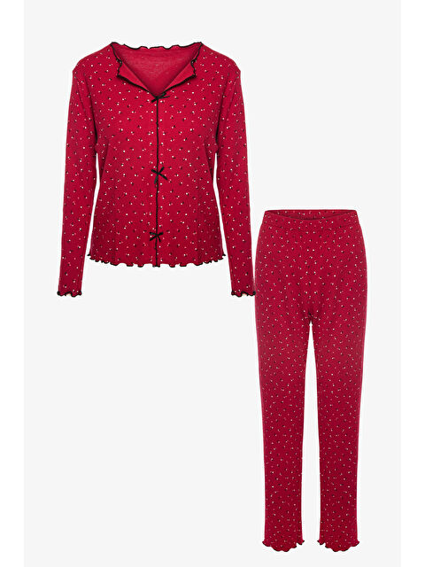 Koza İç Giyim Kadın Pamuklu Çıtır Çiçek Desenli Baby Overloklu Fiyonklu Uzun Kollu Pijama Takımı - S000266390-19951