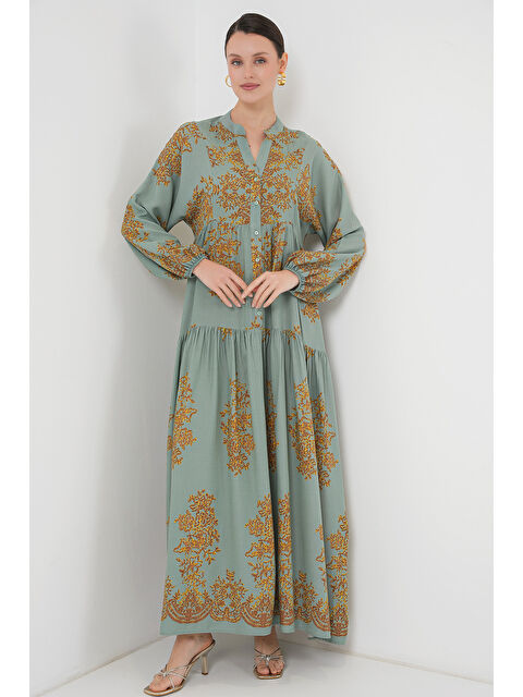 Bigdart Mint Gold Desenli Tesettür Elbise 2423