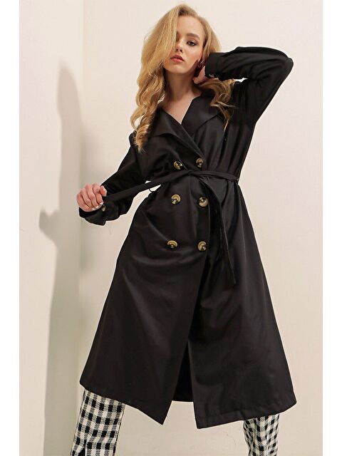 Hazelin Kadın Siyah Kruvaze Yaka Kemerli Astarsız Mevsimlik Rahat Trençkot HZL22S-BD158531 - S000045017-19351