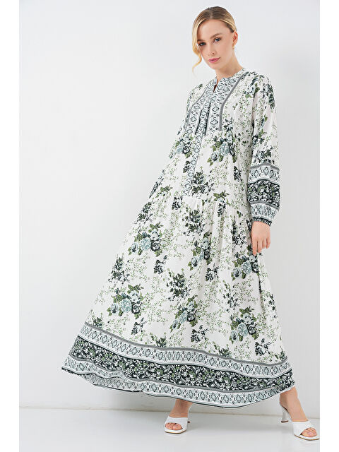 Bigdart Kadın Yeşil Beyaz Lacivert Viskon Tesettür Elbise 2423