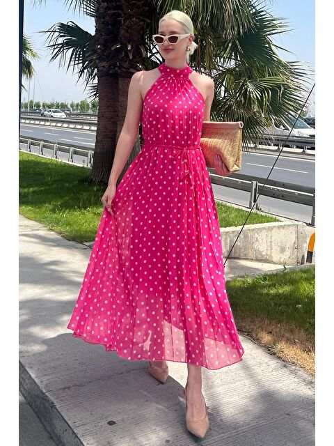 Madmext Fuşya Puantiyeli Sıfır Kol Halter Yaka Elbise Mg2134 - S000206203-18686