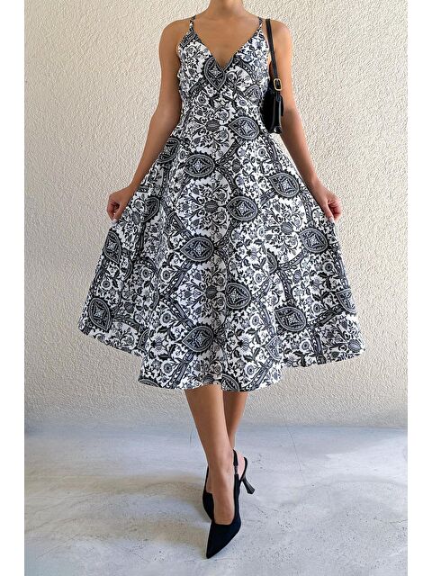 Madmext Siyah Desenli Dekolteli Midi Boy Elbise Mg1537 - S000030077-19351