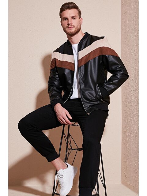 Buratti Dar Kalıp Renk Bloklu Suni Deri Erkek Ceket 5718909 - S000011525-19351
