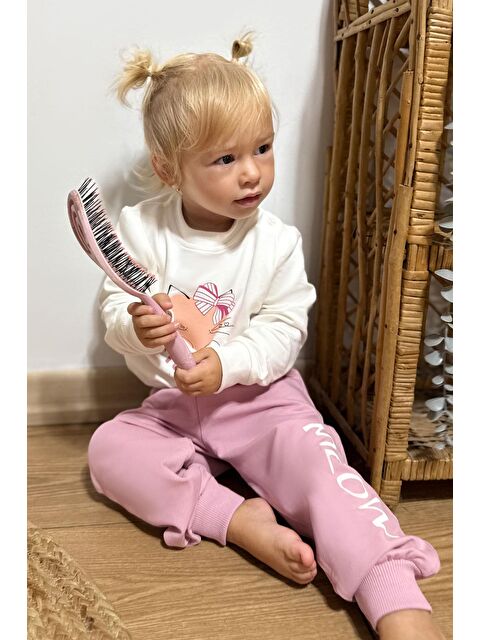 Breeze Kız Çocuk Eşofman Takım Sevimli Fiyonklu Kedi Baskılı Ekru (1.5-3 Yaş) - S000325280-19965