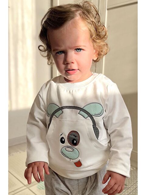 Breeze Erkek Bebek Eşofman Takımı Kulaklıklı Köpekçik Nakışlı Beyaz (9 Ay-2 Yaş) - S000465960-20063