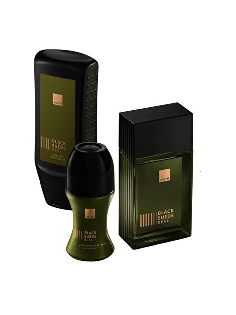 AVON Black Suede Real Erkek Parfüm Rollon ve Saç Vücut Şampuanı Paketi