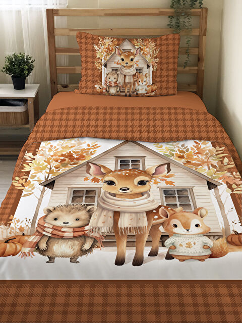 Evmila Sevimli Hayvanlar Desenli Çarşafsız 2 li Takım Baskılı Tek Kişilik Nevresim Takımı 160x220 cm - S000336282-23173