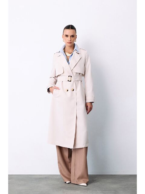 SATEEN Kemerli Uzun Trençkot - Taş - S000324606-25636