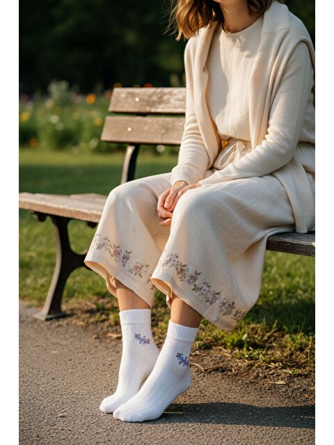 UPSTYLE Kadın 12’li Premium Yumuşak Dokuma Floral Soket Çorap – Taş İşlemeli – Uzun Ömürlü - S000444239-27074