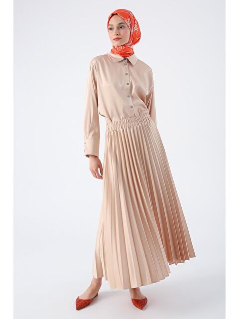 ALLDAY Taş Beli Lastikli Piliseli Rahat Kalıp Saten Etek - S000019693-25636