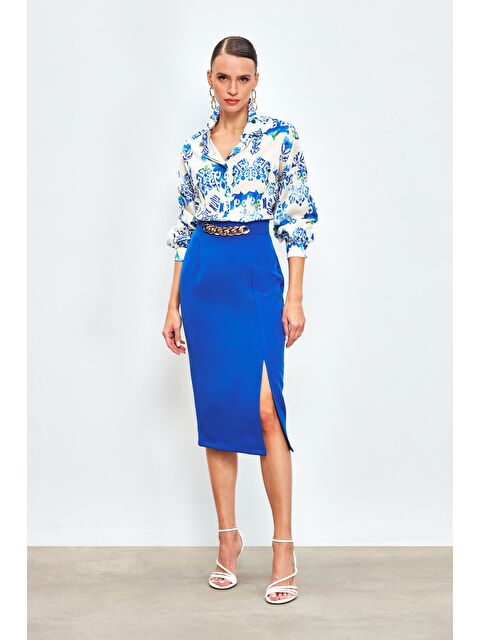SATEEN Ön Zincir Detaylı Etek - Sax Mavi - S000324098-23710