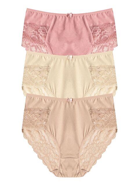 Hnx Pamuklu Yüksek Bel Büyük Beden Paçası Dantel Kadın Külot 3'lü - S000058046-27074