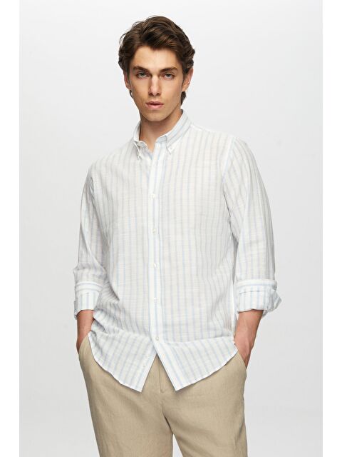 D'S damat Slim Fit Açık Mavi Çizgili Düğmeli Yaka %100 Pamuk Flamlı Yazlık Keten Görünümlü Gömlek - S000401443-17437