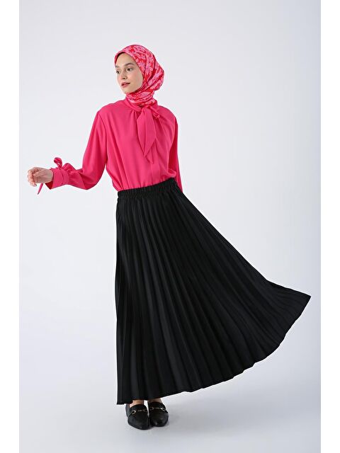 ALLDAY Siyah Beli Lastikli Piliseli Rahat Kalıp Saten Etek - S000019693-19351