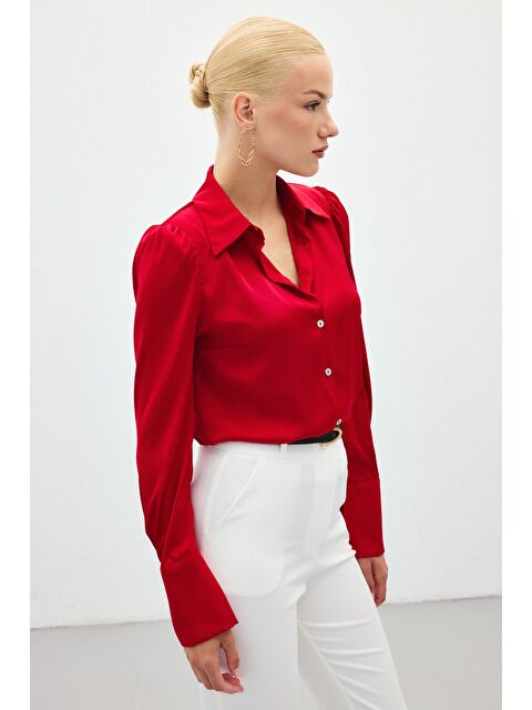 SATEEN Vatkalı Saten Gömlek - Kırmızı - S000323497-20045