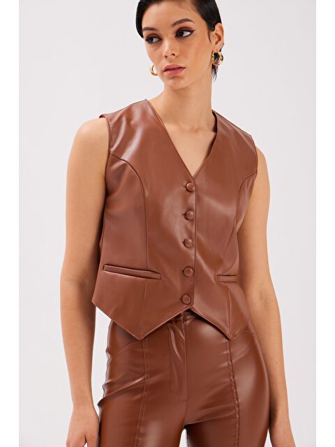 SATEEN Düğme Detaylı Deri Yelek - Kahve - S000324344-19413
