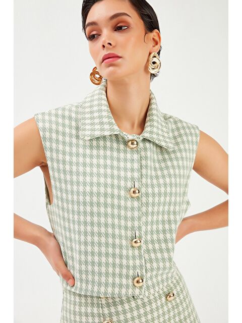 SATEEN Kazayağı Desenli Yelek - Çağla Yeşili - S000324337-14939