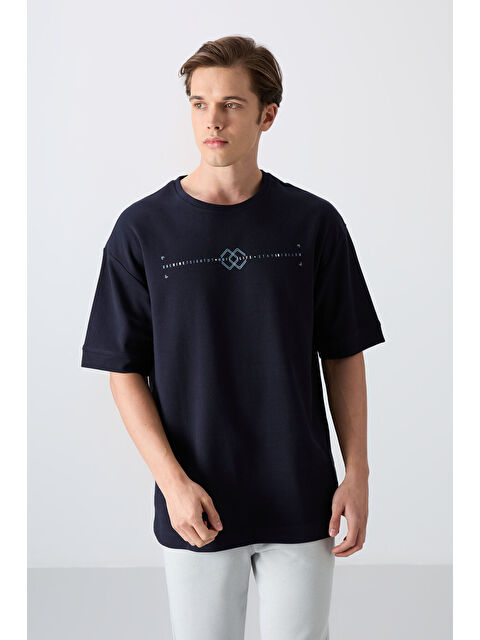 Tommylife Lacivert Pamuklu Kalın Yumuşak Dokulu Oversize Fit Baskılı Erkek Tişört - 88323 - S000157063-21164