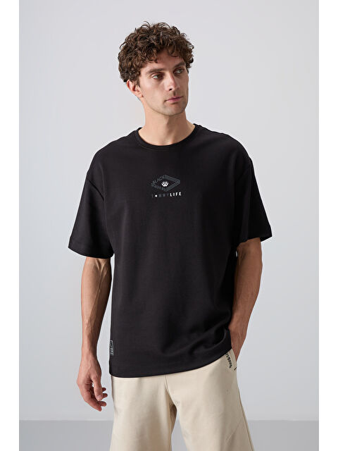 Tommylife Siyah Pamuklu Kalın Yumuşak Dokulu Oversize Fit Baskılı Erkek Tişört - 88325 - S000157053-19351