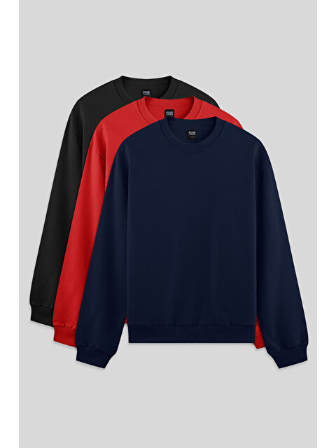 Air Jones Standart Fit Basic O Yaka 3lü Paket Siyah-İndigo-Fiesta Erkek Sweatshirt - 88363 - S000448743-37438