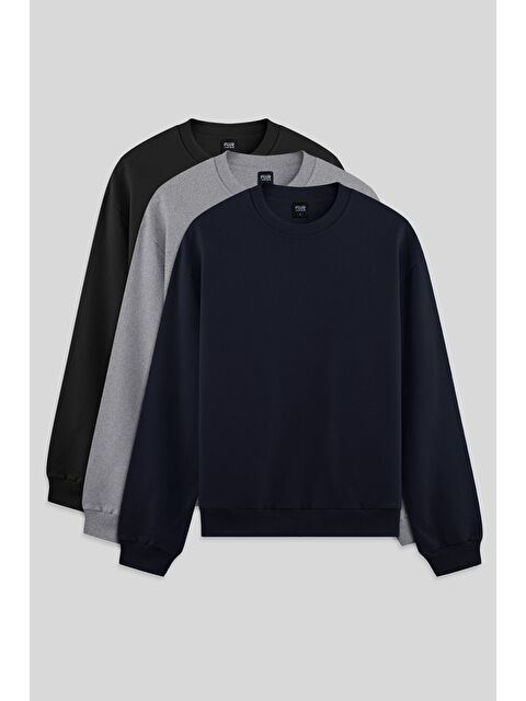 Air Jones Standart Fit Basic O Yaka 3lü Paket Siyah-Lacivert-Gri Melanj Erkek Sweatshirt - 88363 - S000448743-37436