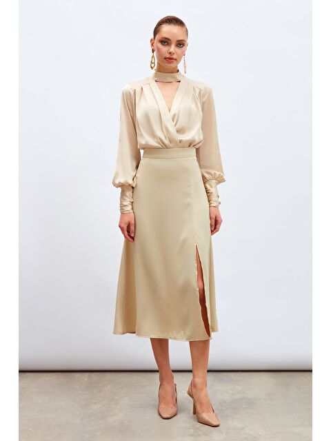 SATEEN Yırtmaçlı Saten Etek - Bej - S000324097-19928