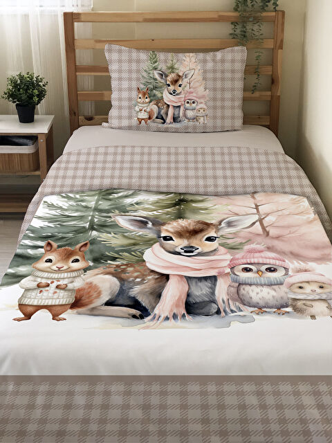 Evmila Sevimli Hayvanlar Desenli Çarşafsız 2 li Takım Baskılı Tek Kişilik Nevresim Takımı 160x220 cm - S000336283-23173