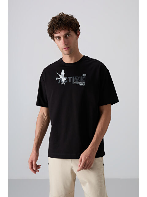 Tommylife Siyah Pamuklu Kalın Yumuşak Dokulu Oversize Fit Baskılı Erkek Tişört - 88344 - S000157075-19351